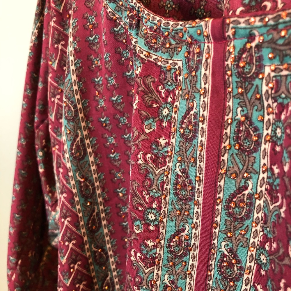 Vintage Burgundy Block Print Embellished 3/4 Sleeve Tunic Size XL Runs Small